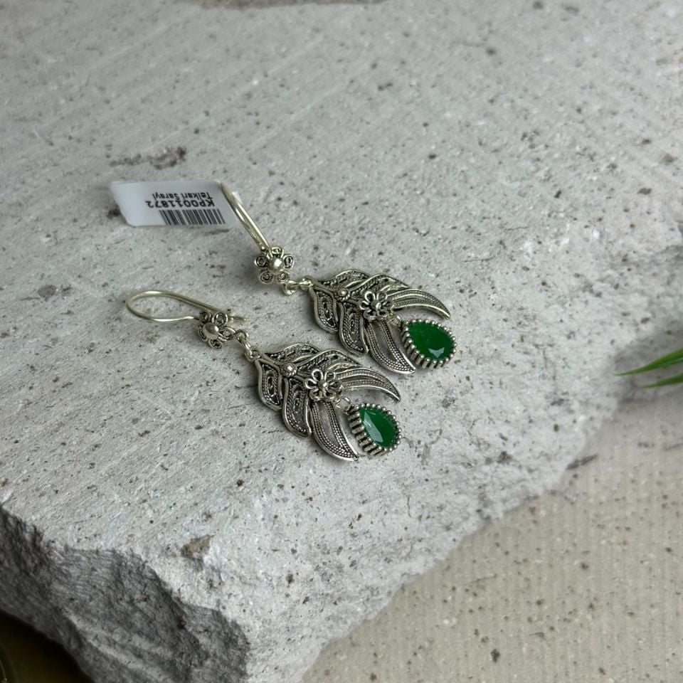 Zümrüt Taşlı Yöresel Motif 925 Ayar El İşçilikli Oksitli Telkari Kadın Küpe