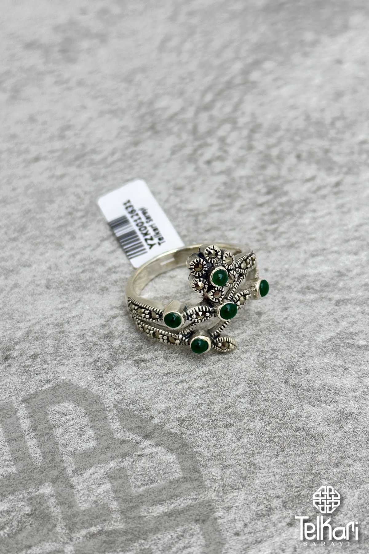 Sarmaşık Çiçek Model Yeşim Taşlı Gümüş Markazit Yüzük