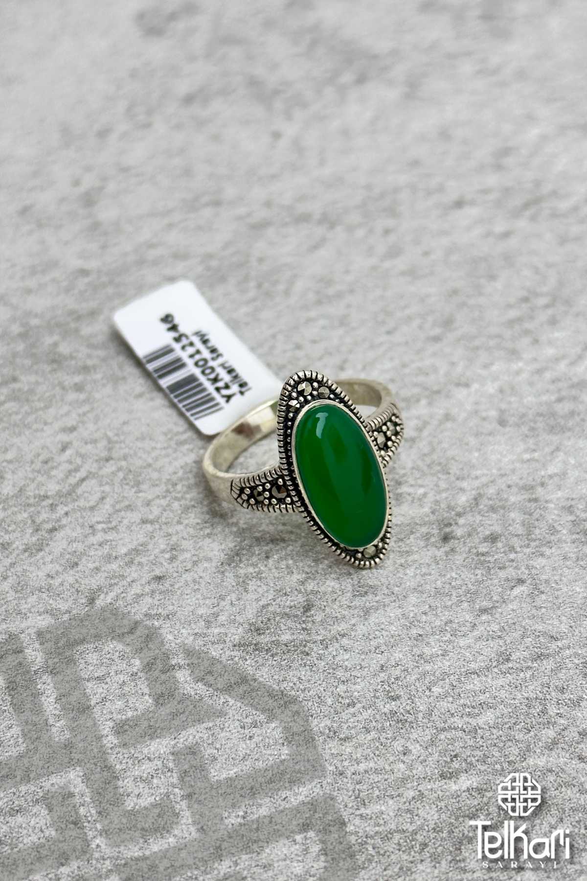 Oval Model Yeşim Taşlı Gümüş Markazit Yüzük