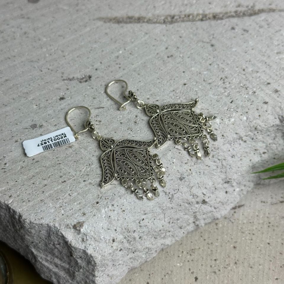 Sallantılı Lale Motif Otantik Model 925 Ayar El İşçilikli Oksitli Telkari Kadın Küpe