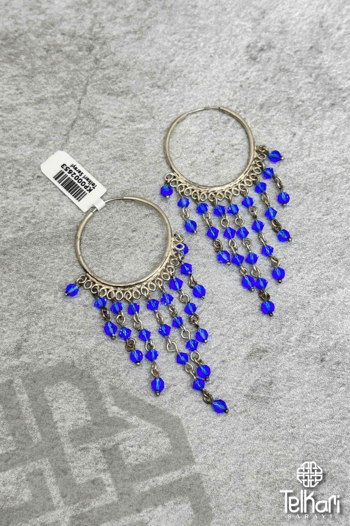 Sallantılı Gösterişli Mavi Taşlı  Gümüş Küpe