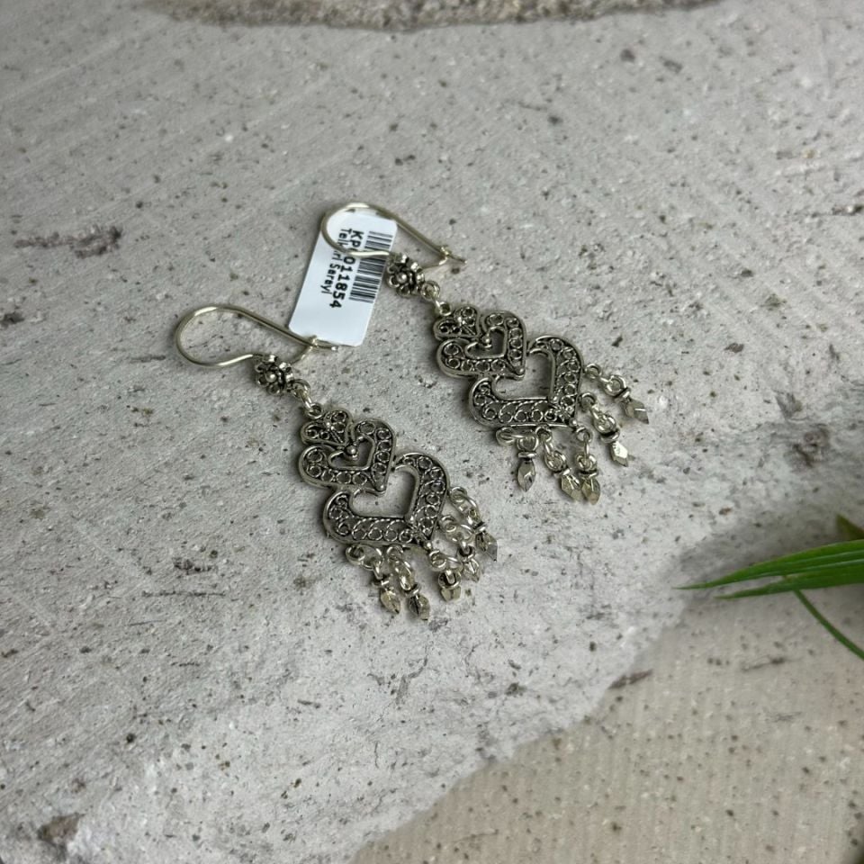 925 Ayar El İşçilikli Sallantılı Kalp Model Midyat Telkarisi Kadın Küpe