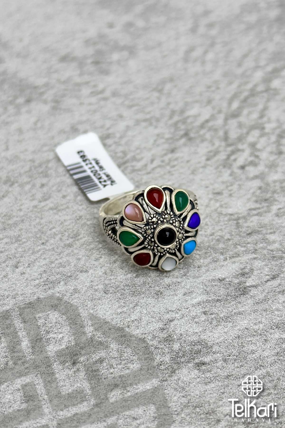 Renkli Doğal Taşlı Gümüş Markazit Yüzük