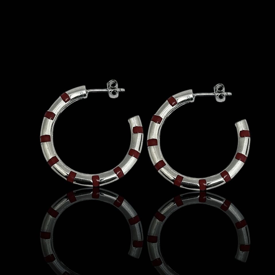 925 Ayar Gümüş Kırmızı Şeritli Halka Küpe