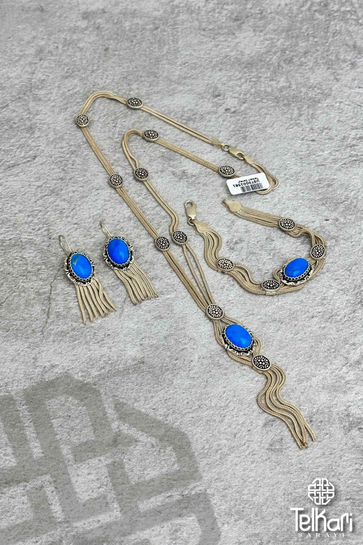 Mozaik Firuze Taşlı Mine İşlemeli Midyat Hasırı Gümüş Set