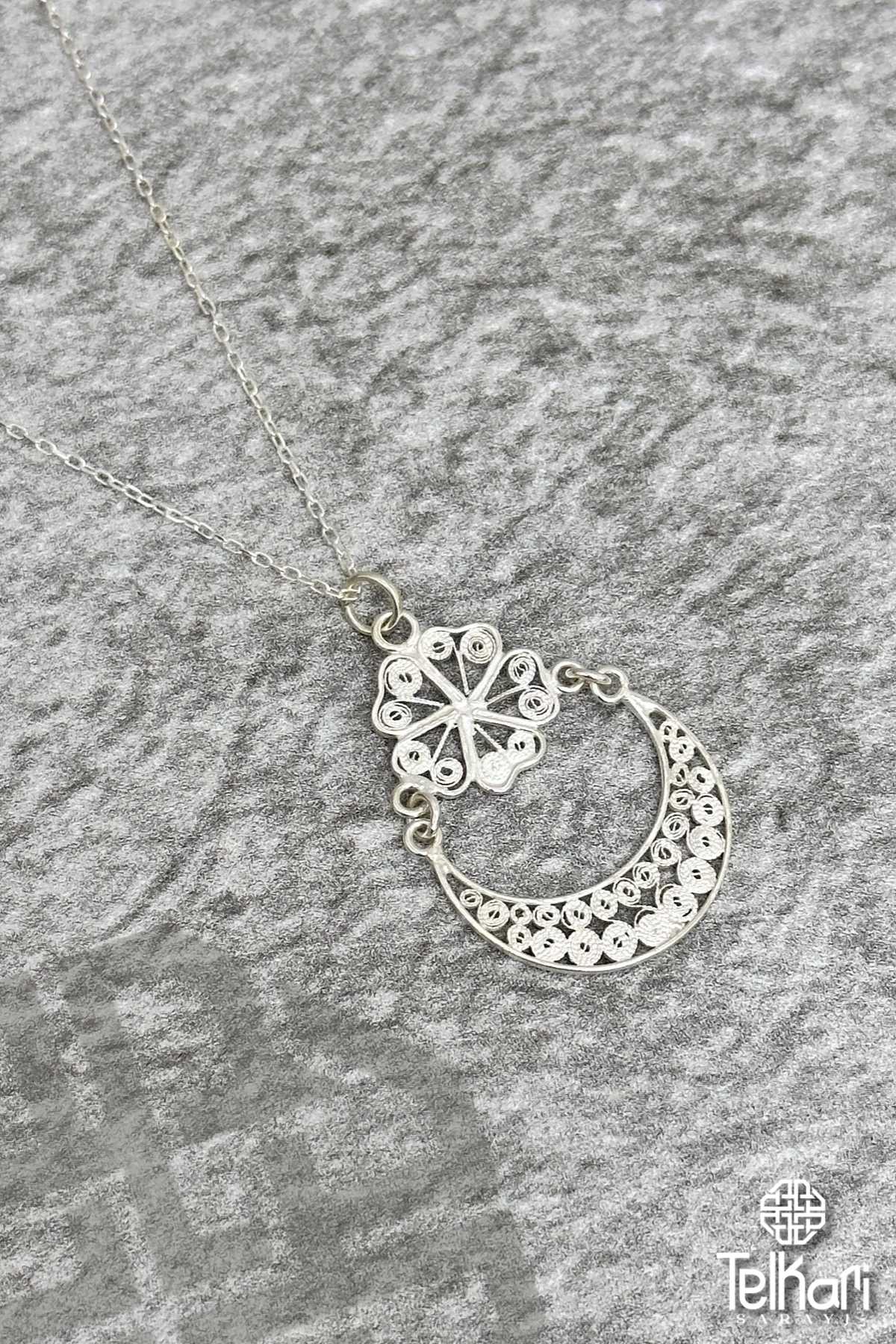 Ay Yıldız İşlemeli El İşçilikli Telkari Kolye