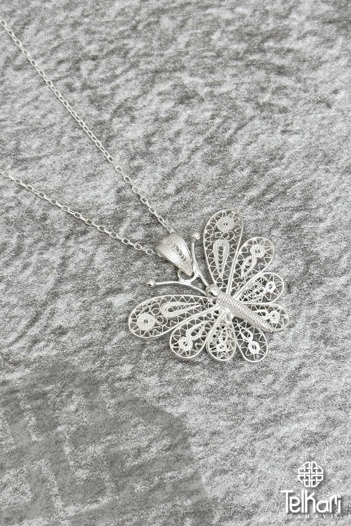 Kelebek Model Orta Boy El İşçilikli Midyat Telkari Kolye