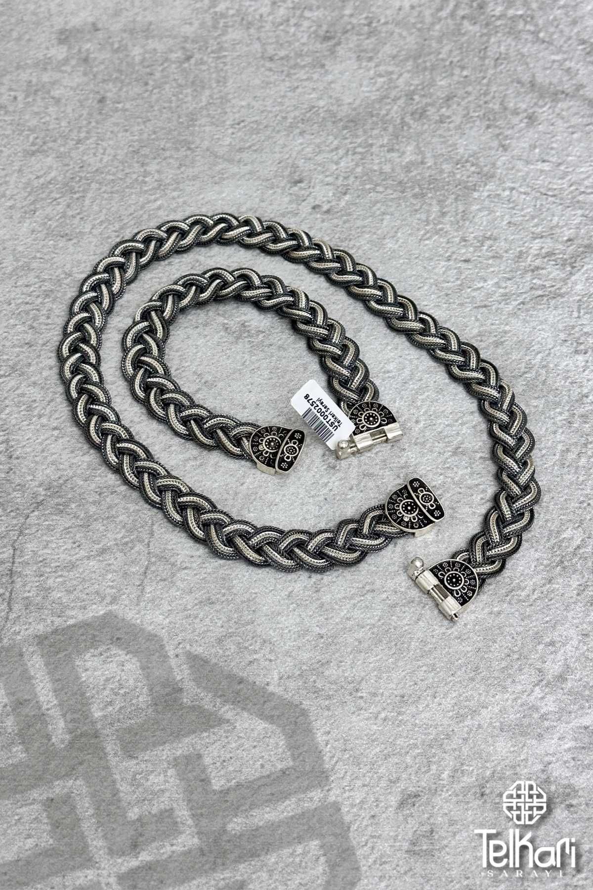 Kalın Çift Renk Motifli Mine İşlemeli Midyat Hasırı Gümüş Set