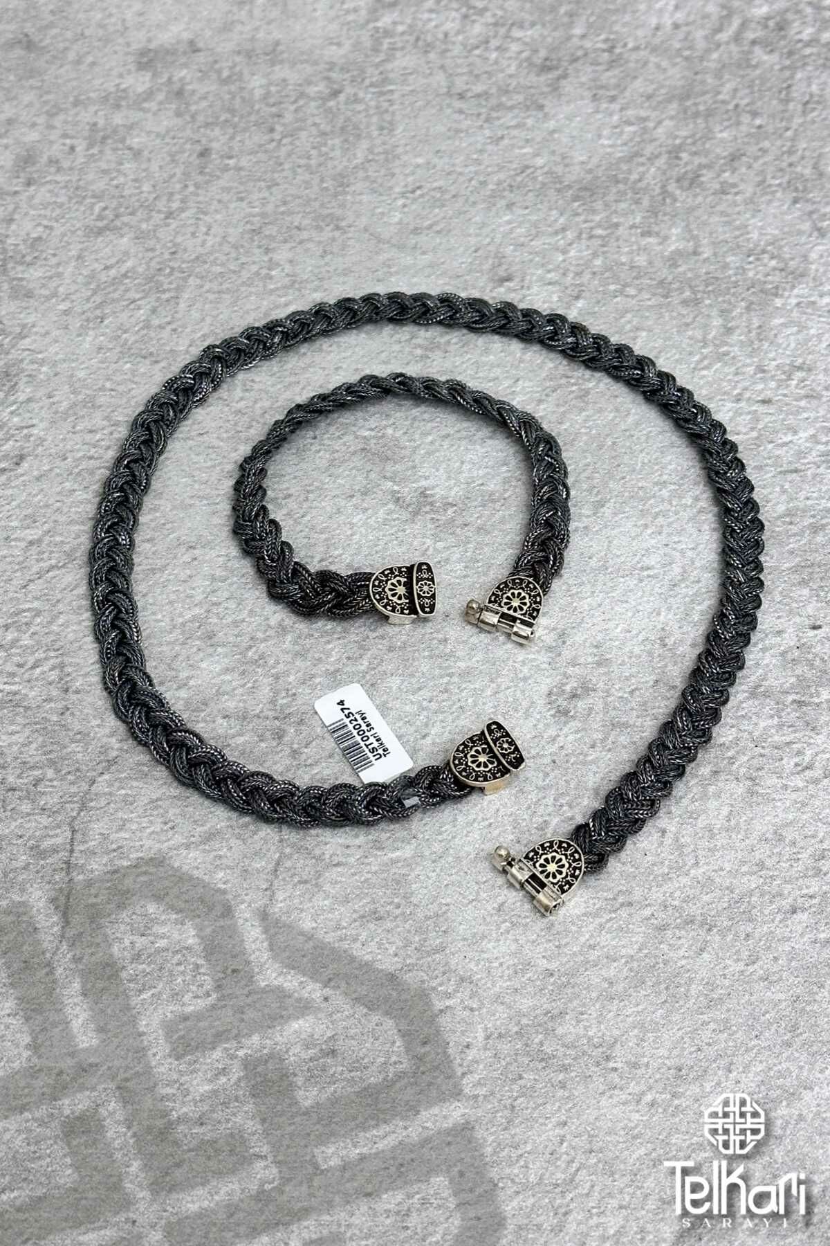 Tek Renk Motifli Mine İşlemeli Midyat Hasırı Gümüş Set