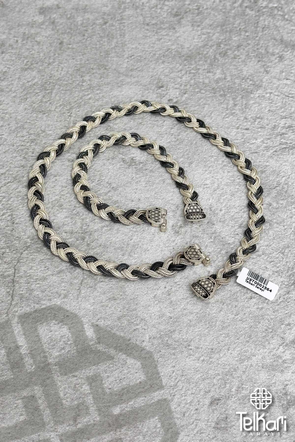 Çift Renk Motifli Otantik Mine İşlemeli Midyat Hasırı Gümüş Set