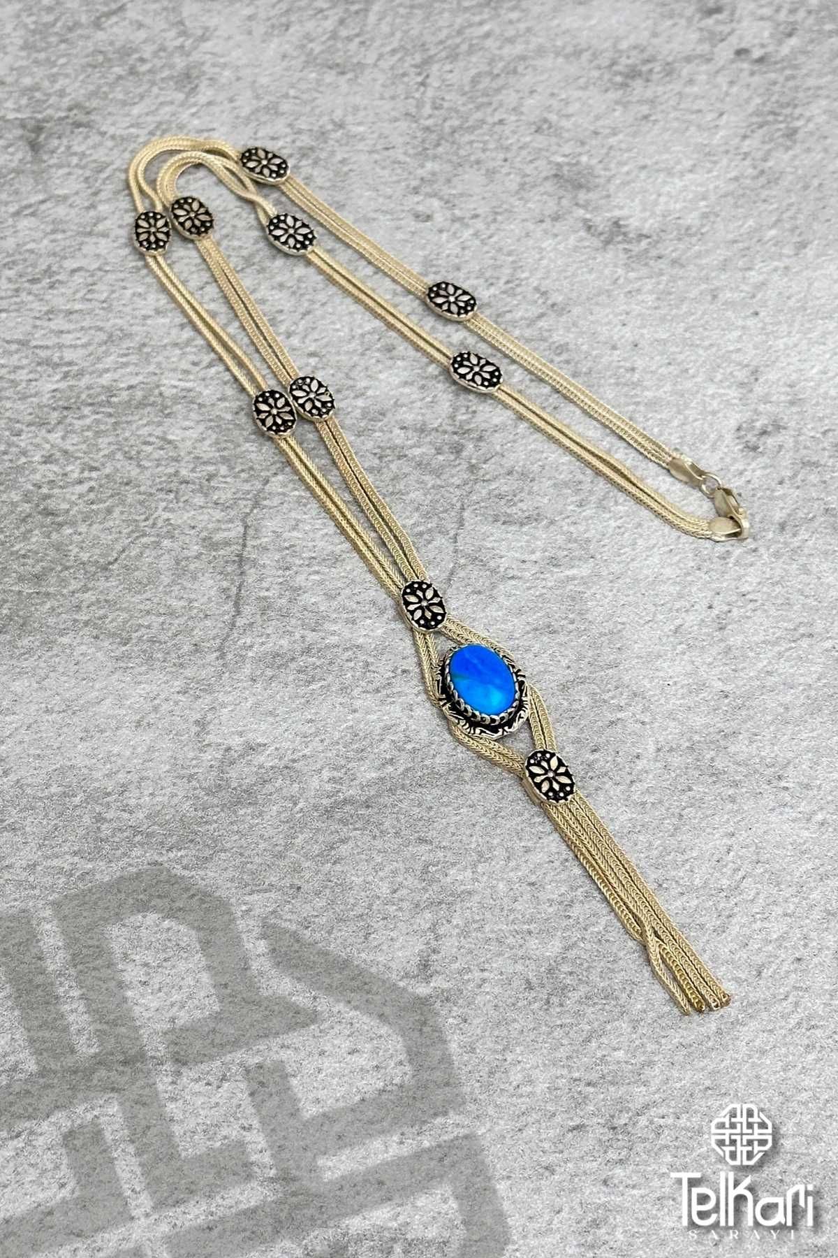 Firuze Taşlı Motifli Mine İşlemeli Midyat Hasırı Gümüş Kolye