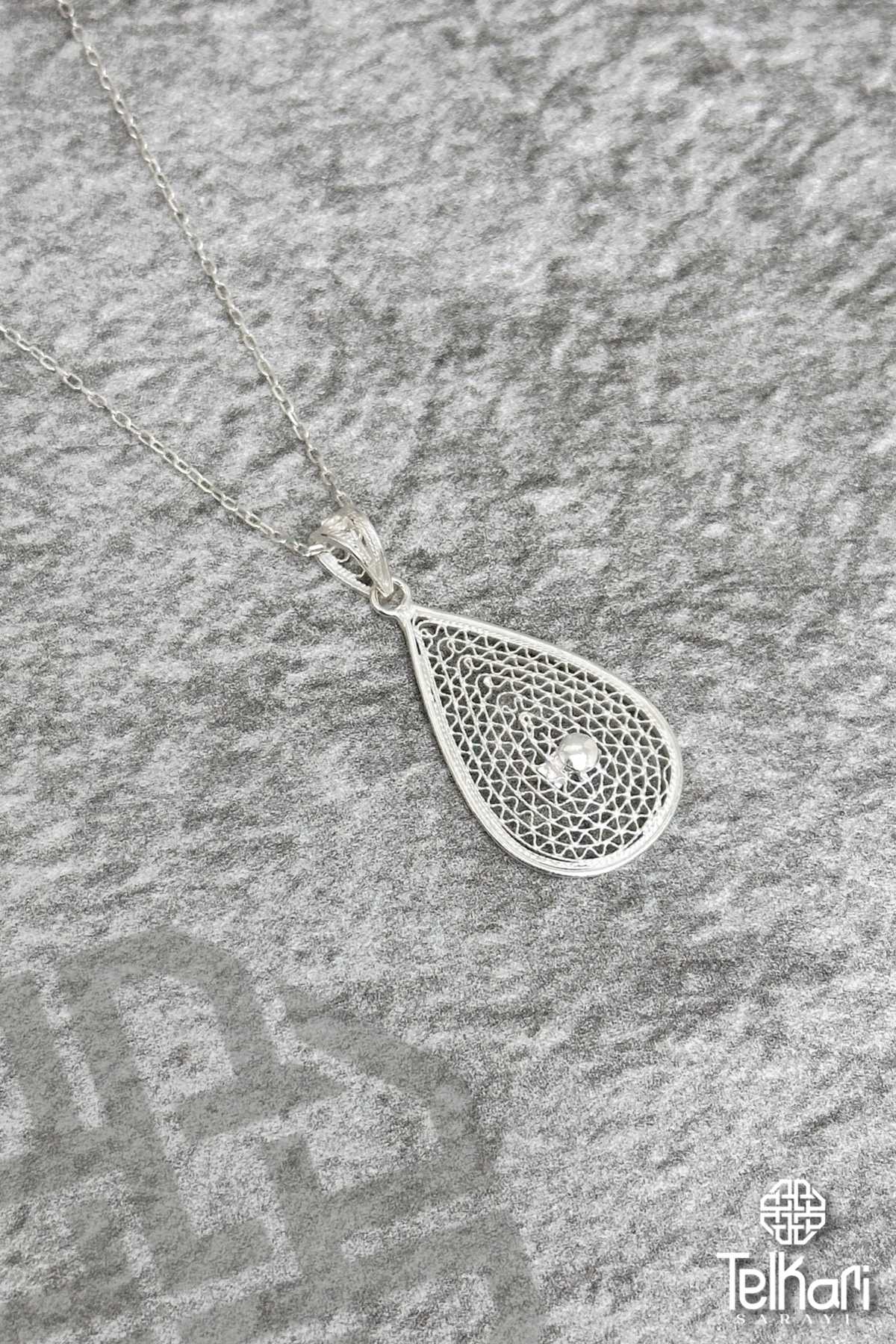 Su Damlası Orta Boy El İşçilikli Midyat Telkari Kolye