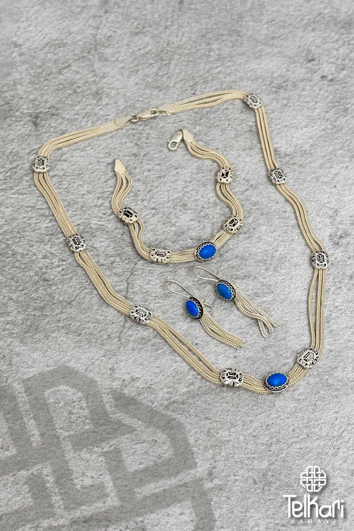 Firuze Taşlı Mine İşlemeli Midyat Hasırı Gümüş Set