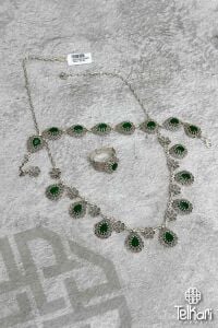 Kök Zümrüt Taşlı Oksitli Telkari Gümüş Set