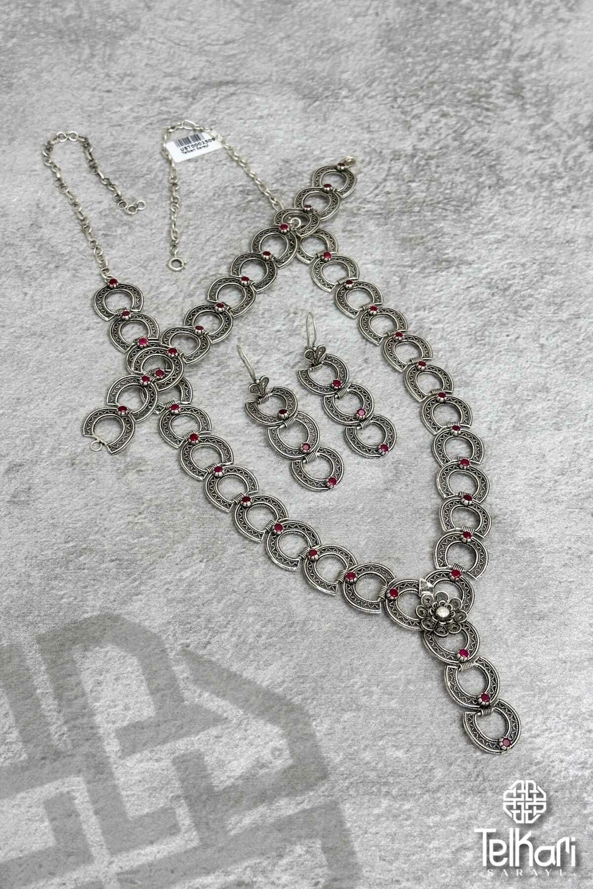 Özel Tasarım Kök Yakut Taşlı Oksitli Telkari Gümüş Set