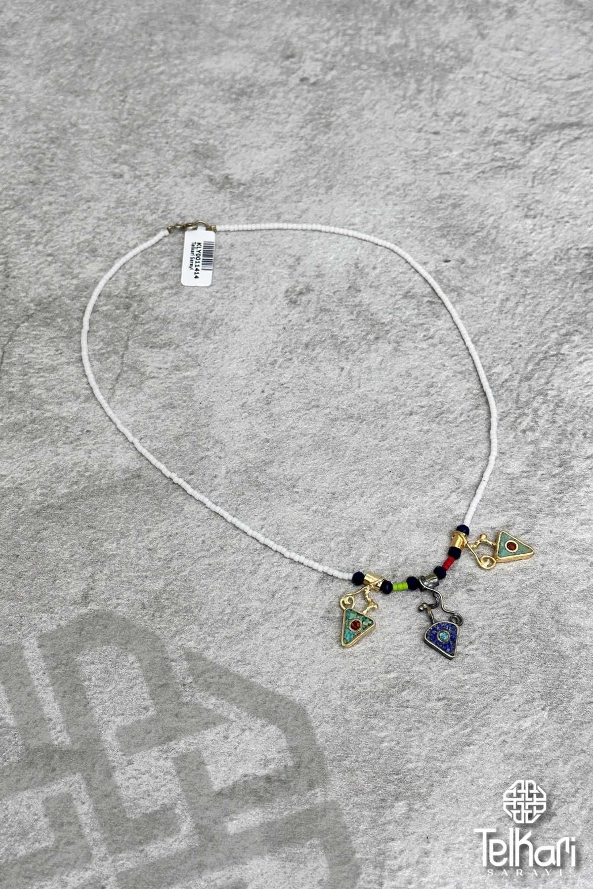 Mozaik Mine İşlemeli Gümüş Kolye