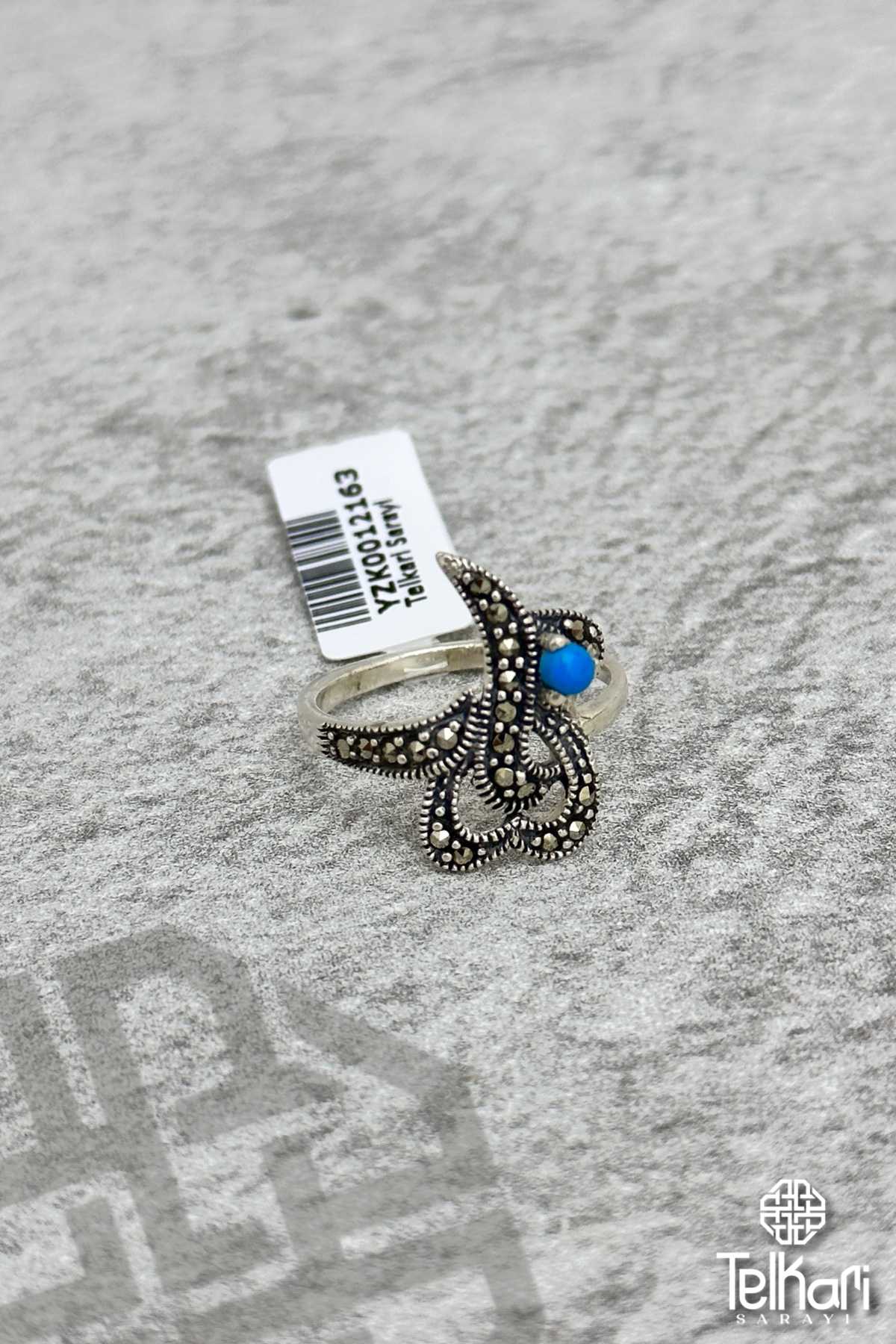 Kalp Detaylı Firuze Taşlı Gümüş Markazit Yüzük