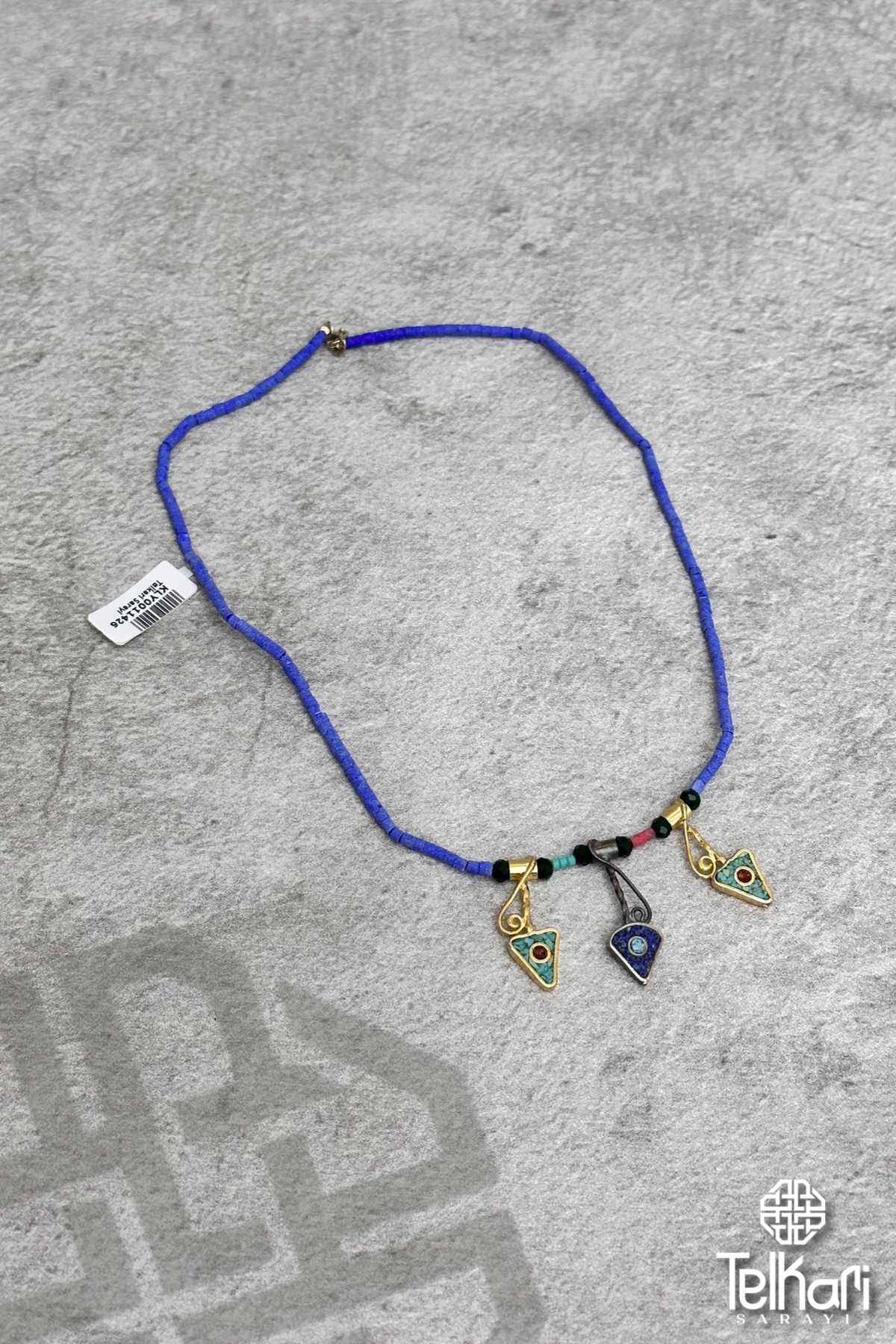 Mor Otantik Desenli Mozaik Mine İşlemeli Gümüş Kolye