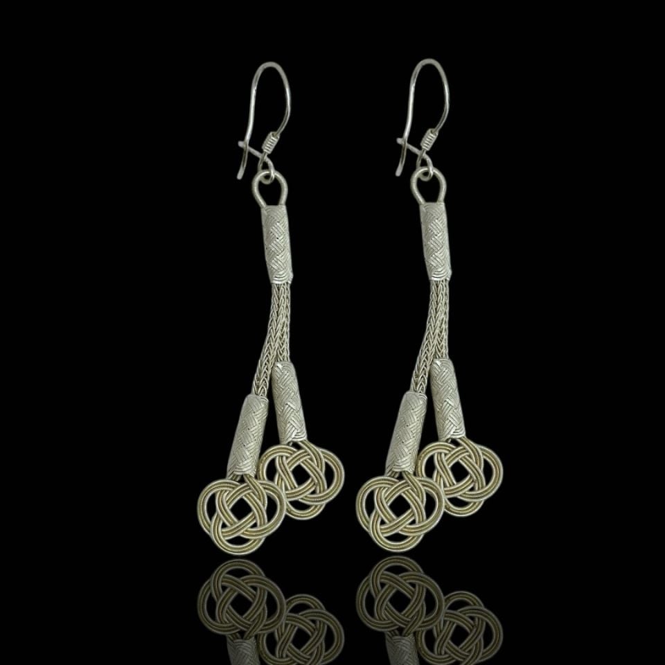 1000 Ayar Çift Sallantılı Ucu Aşk Düğüm Müdel El Örmesi Gümüş Kazaziye Küpe