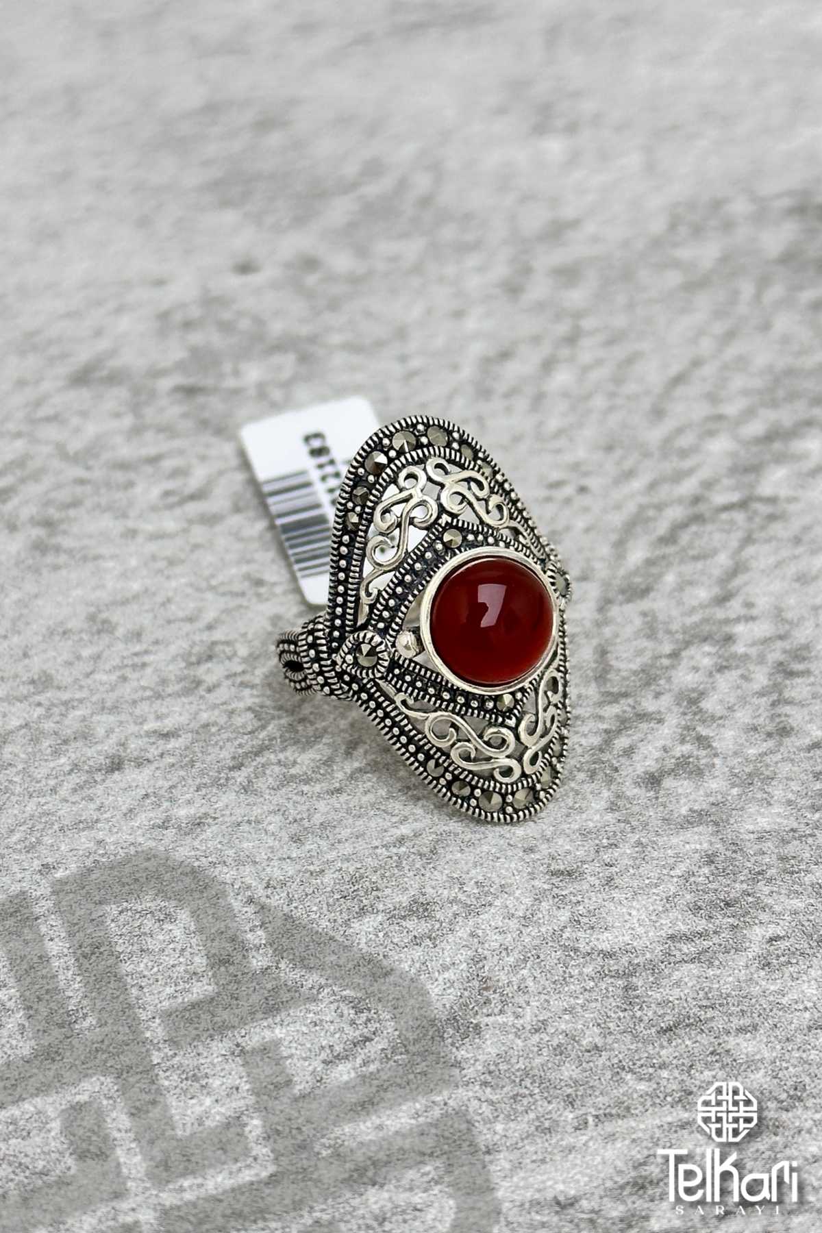 Akik Taşlı Gümüş Markazit Yüzük