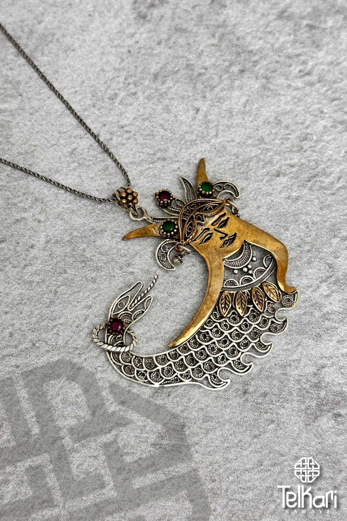 Büyük Boy Şahmeran Midyat Oksitli Telkari Kolye