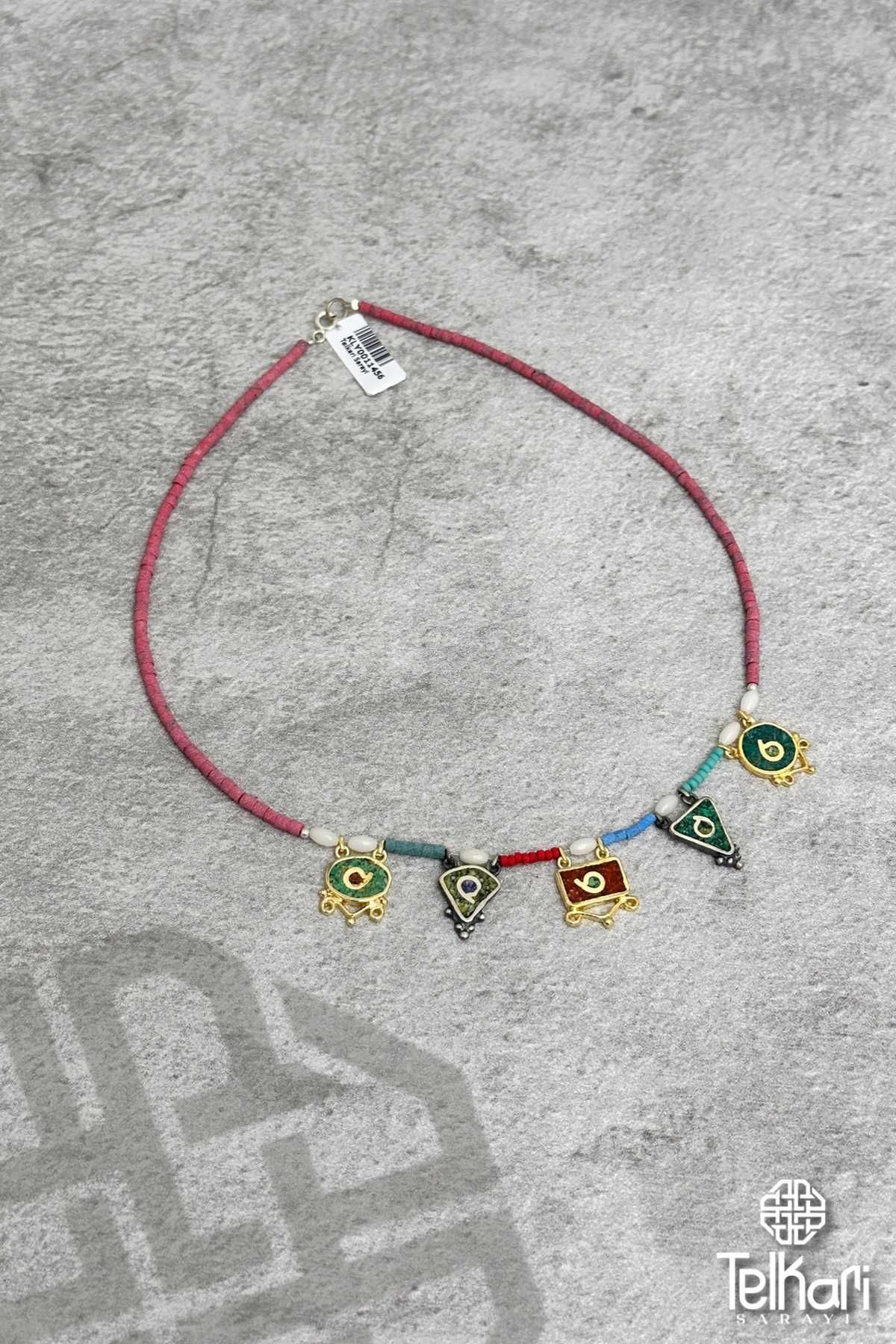 Otantik Desenli Mozaik Mine İşlemeli Gümüş Kolye