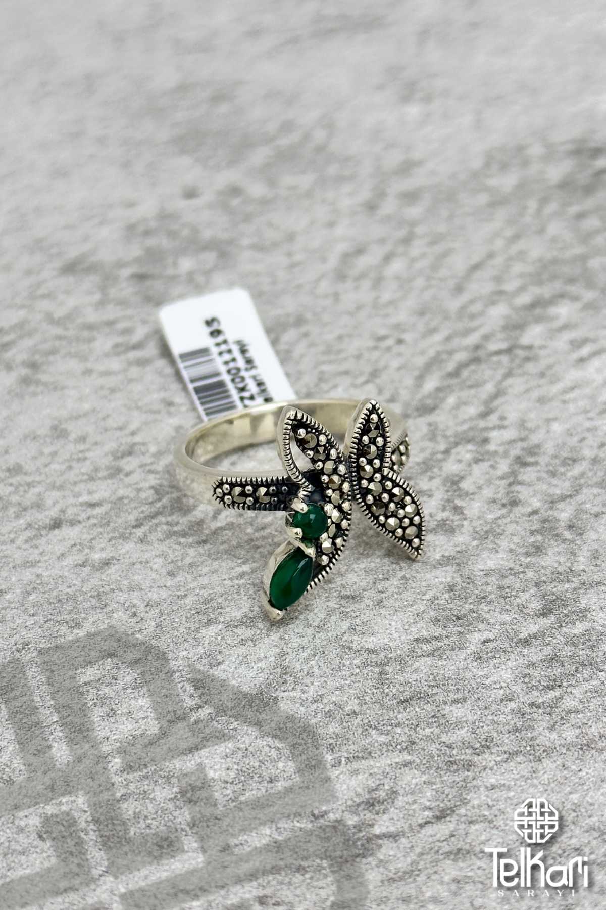 Kelebek Model Yeşim Taşlı Gümüş Markazit Yüzük