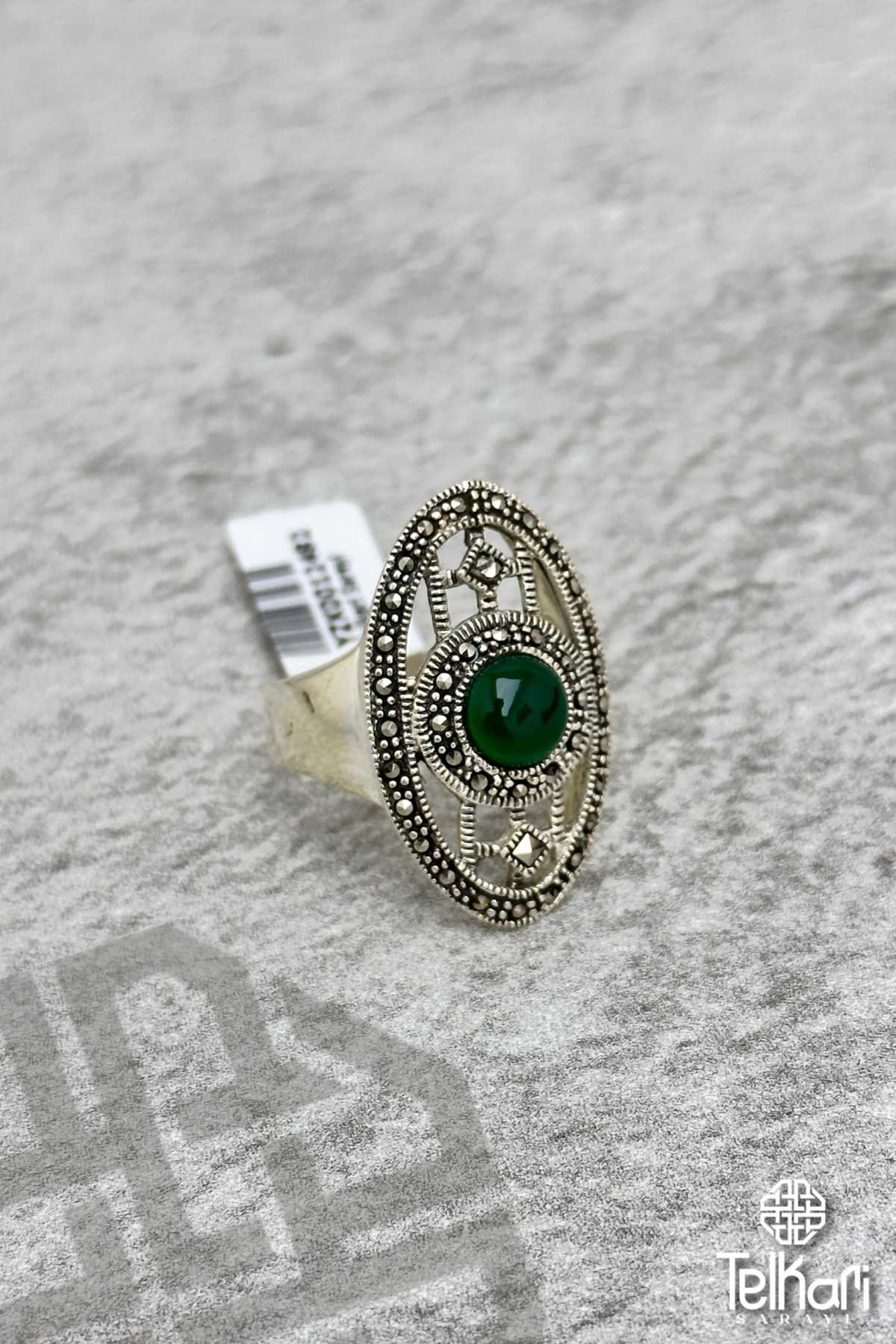 Yeşim Taşlı Gümüş Markazit Yüzük