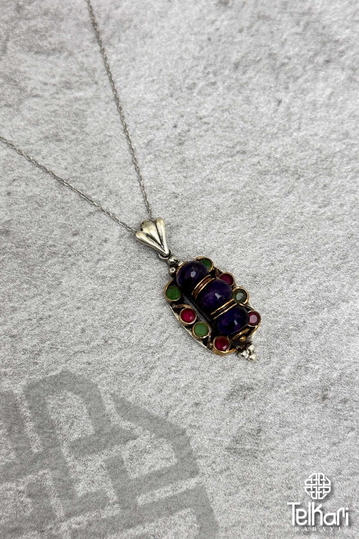 Doğal Taşlı Oksitli Midyat Telkari Kolye