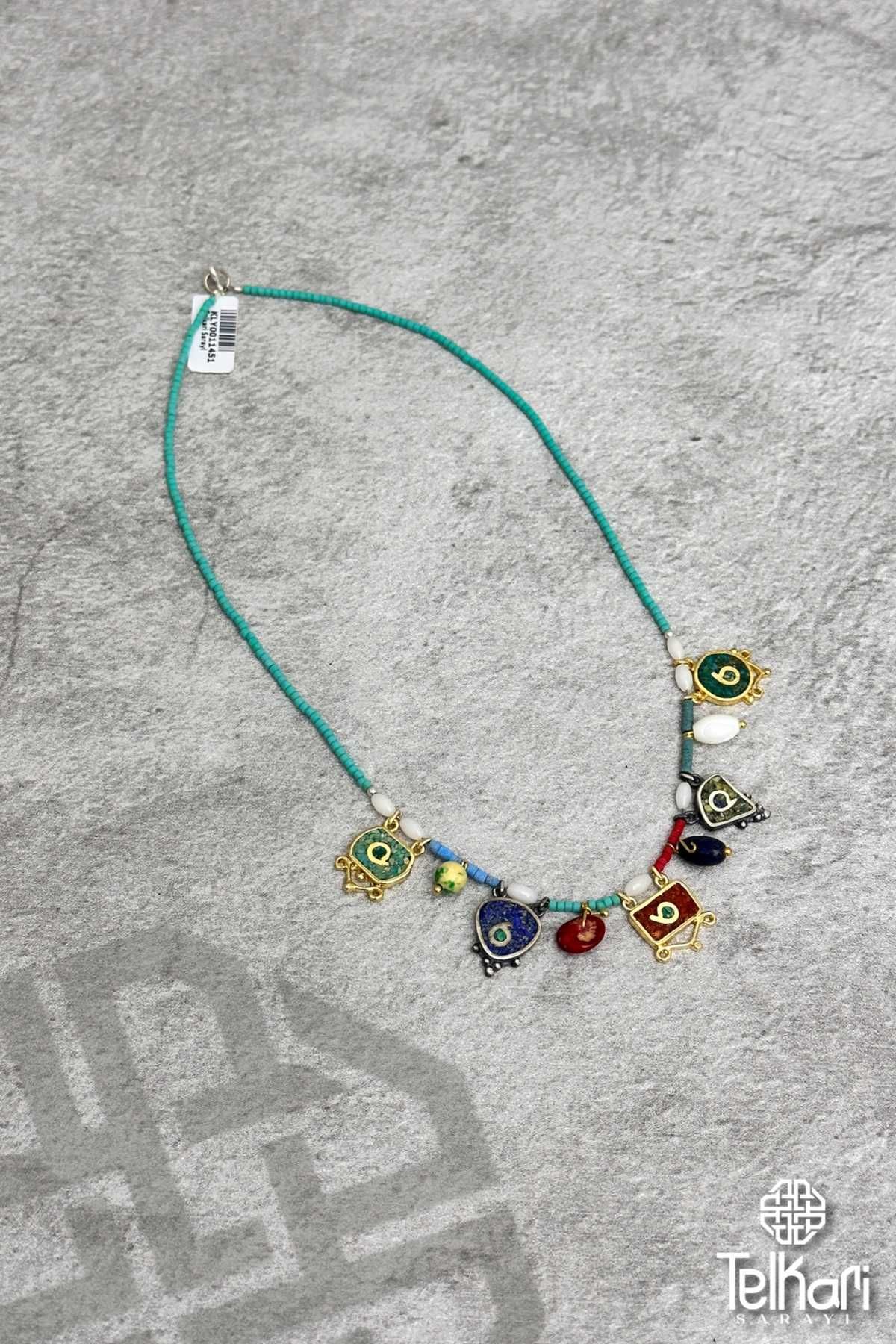 Doğal Taşlı Mozaik Mine İşlemeli Gümüş Yaz Kolyesi