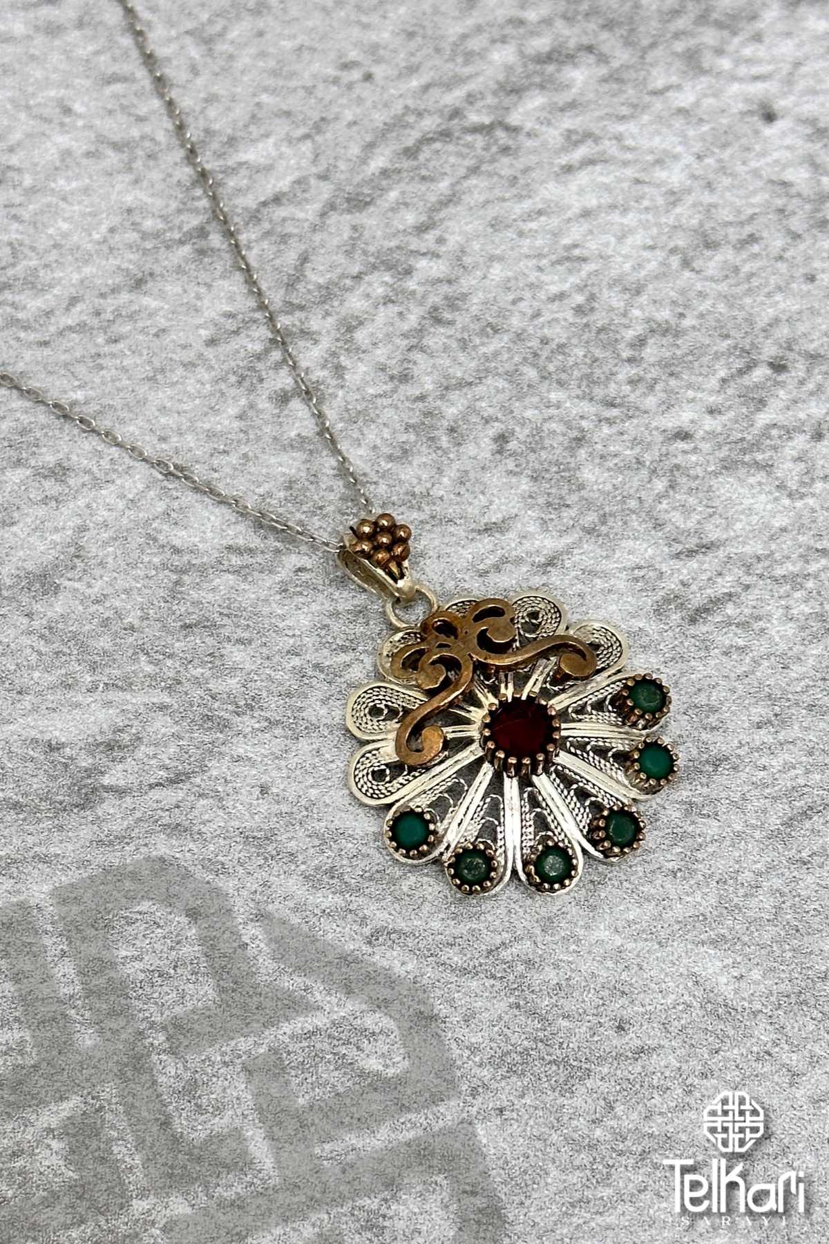 Çiçek İşlemeli Oksitli Midyat Telkari Kolye