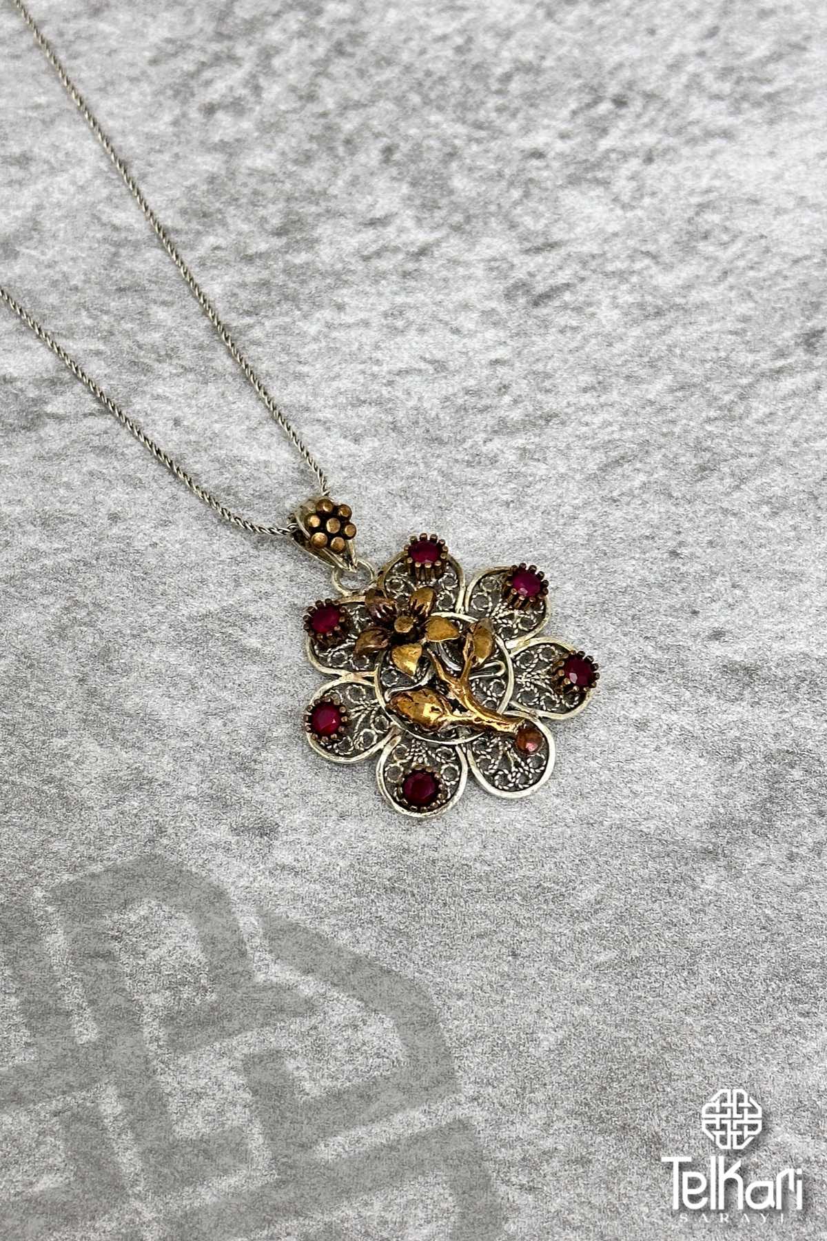 Lale Detaylı Çiçek Oksitli Midyat Telkari Kolye