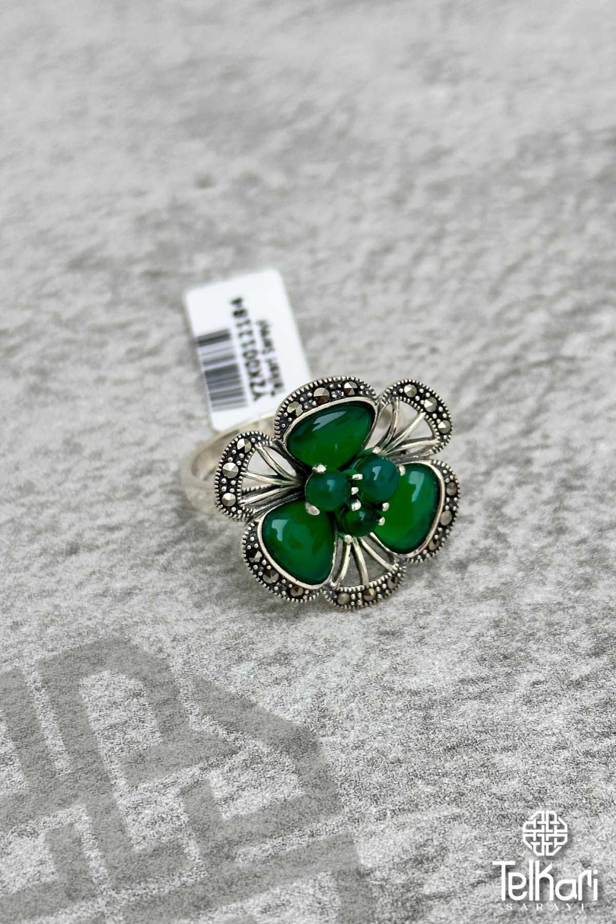 Çiçek Model Yeşim Taşlı Gümüş Markazit Yüzük