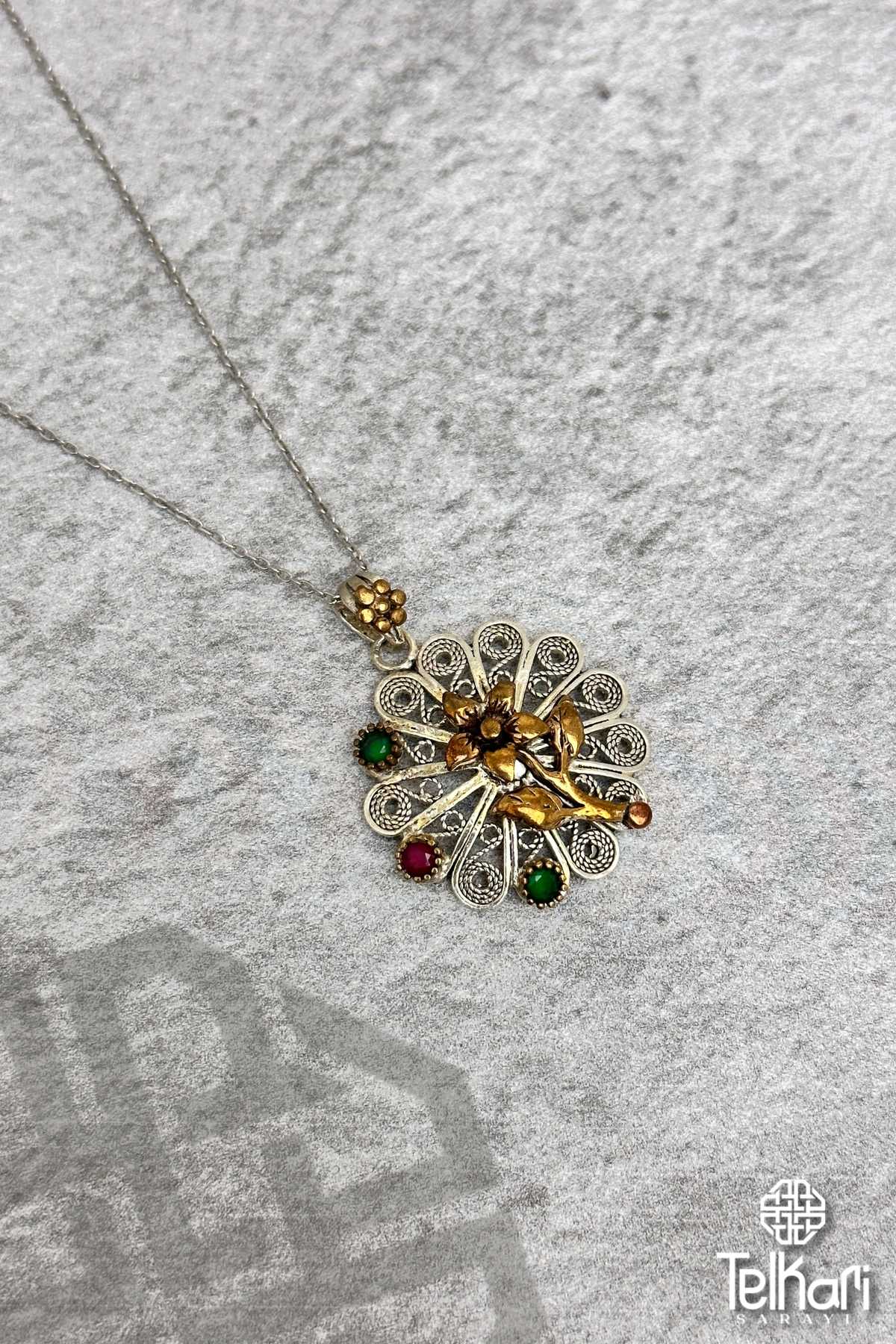 Çiçek Model Oksitli Midyat Telkari Kolye