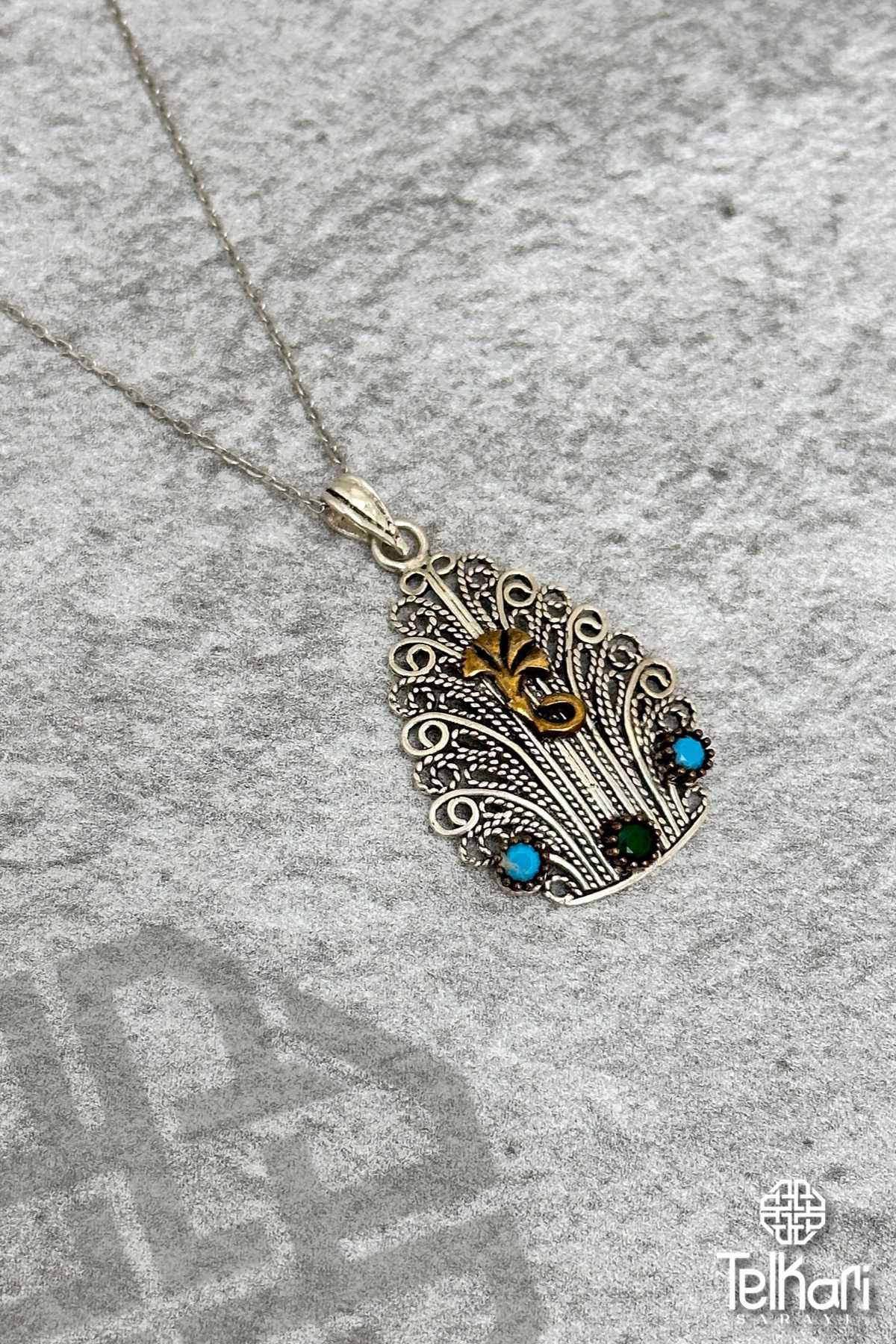 Doğal Taşlı İşlemeli Oksitli Midyat Telkari Kolye