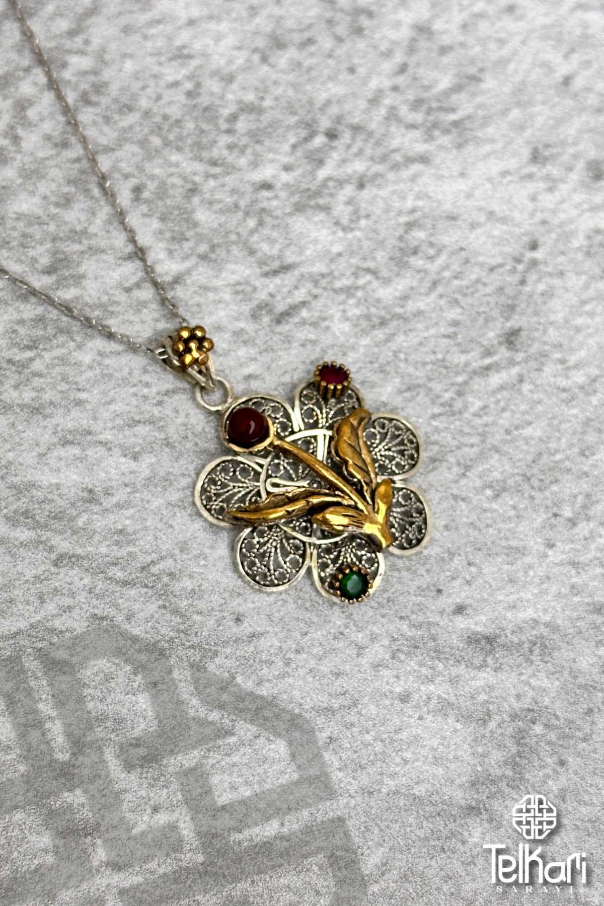 Çiçek Desenli Taşlı Oksitli Midyat Telkari Kolye