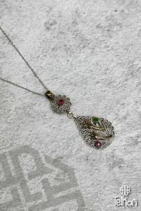 İki Lale Motifli Damla Model Oksitli Midyat Telkari Kolye