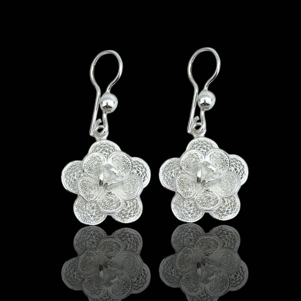 Telkari Model Çiçek Tasarımlı 925 Ayar Gümüş Küpe