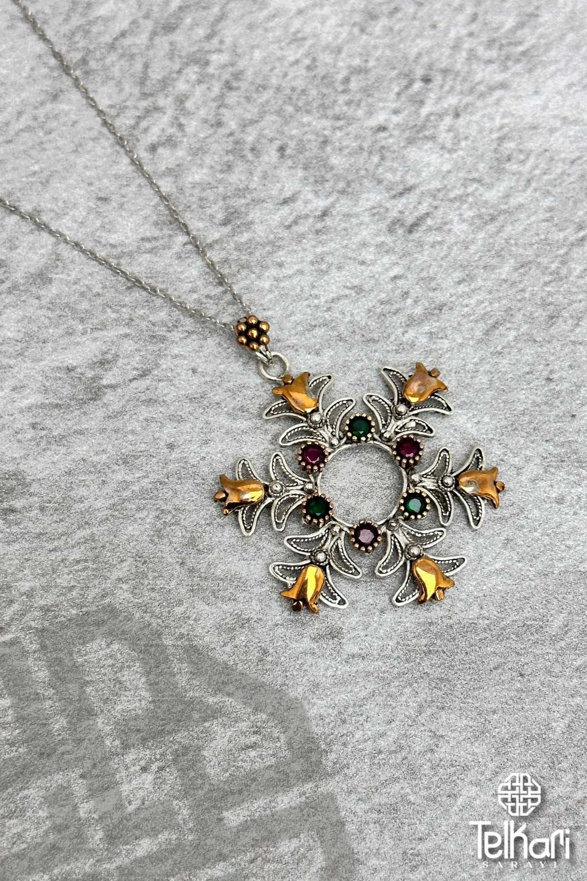 Lale İşlemeli Doğal Taşlı Oksitli Midyat Telkari Kolye