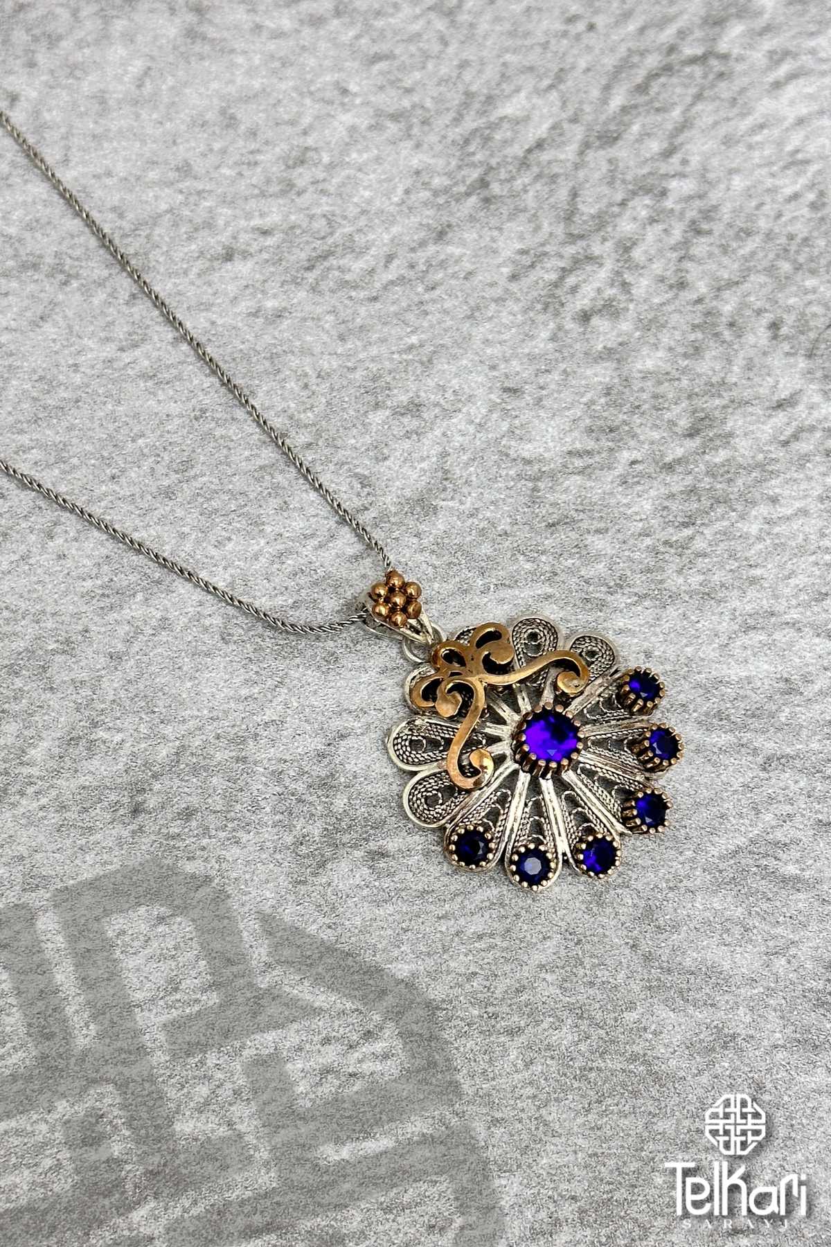 Safir Taşlı Oksitli Midyat Telkari Kolye