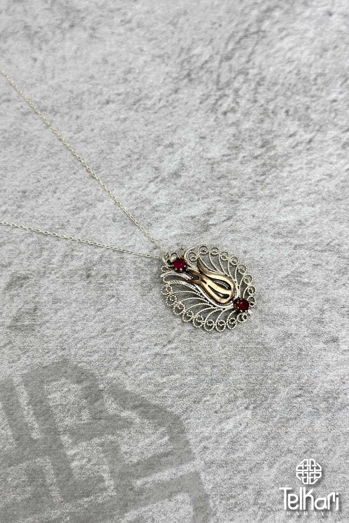 Lale İşlemeli Oksitli Midyat Telkari Kolye