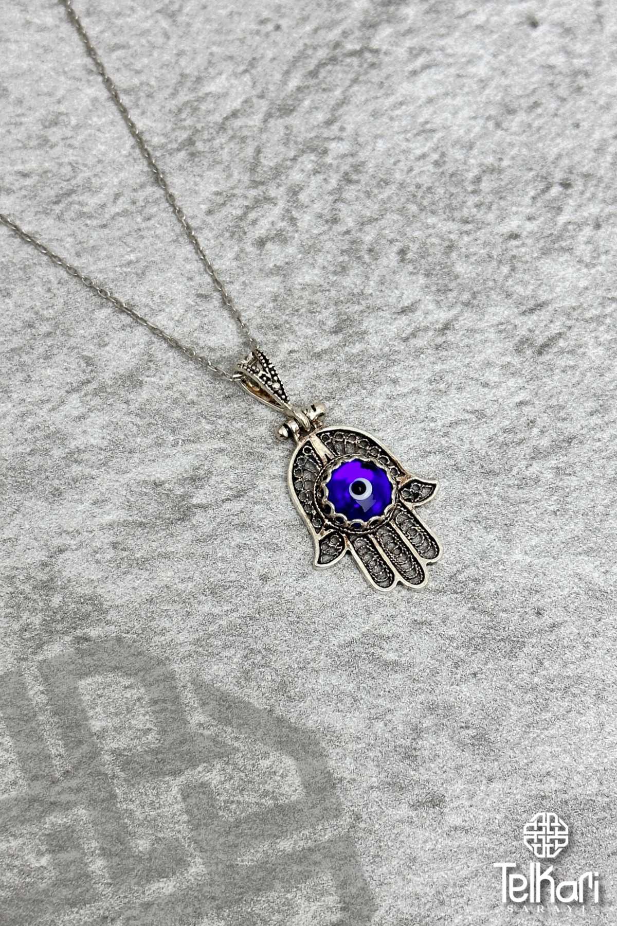 Fatma Ana Eli Nazar Boncuklu Oksitli Midyat Telkari Kolye