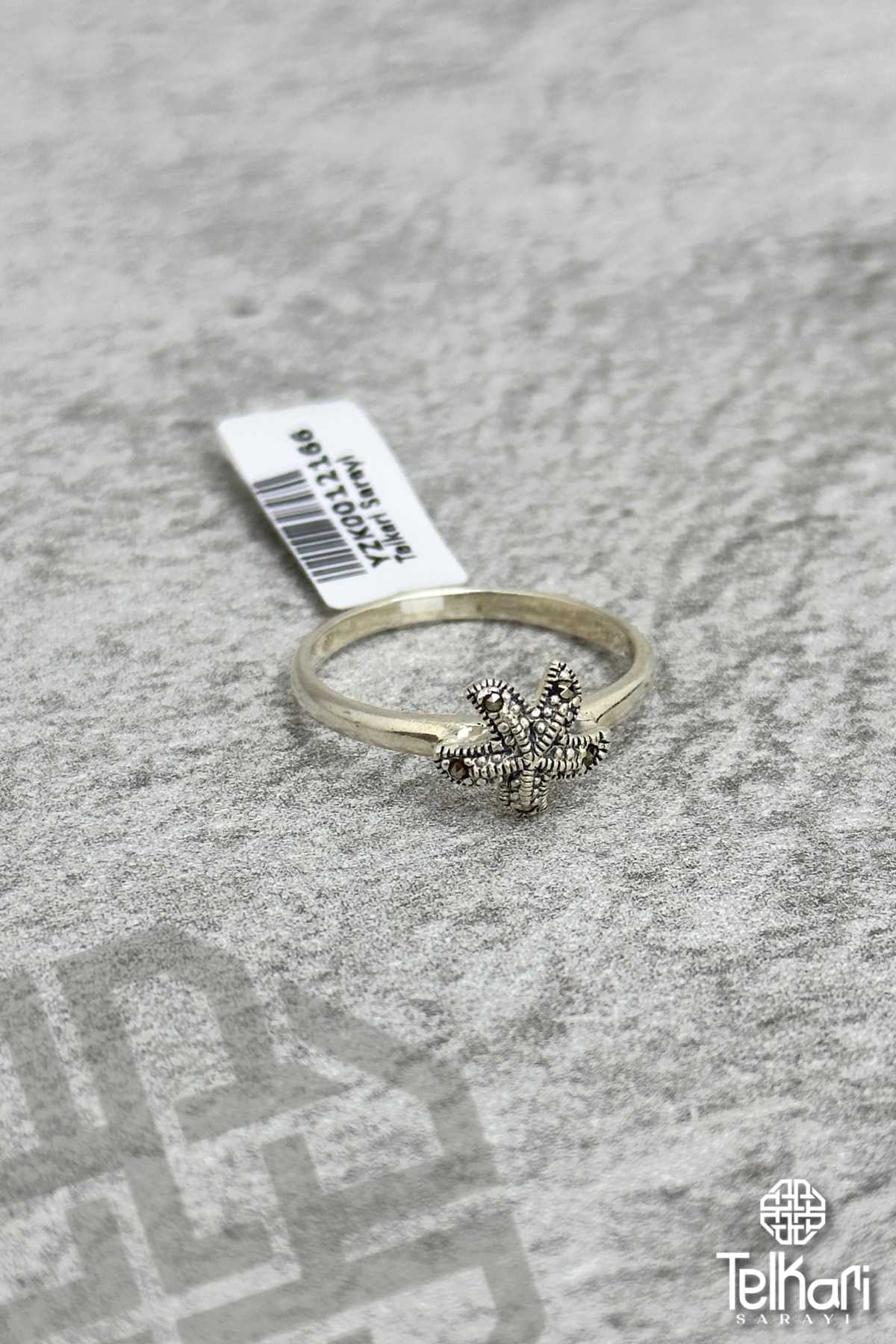 Deniz Yıldızı Detaylı Taşlı Gümüş Markazit Yüzük