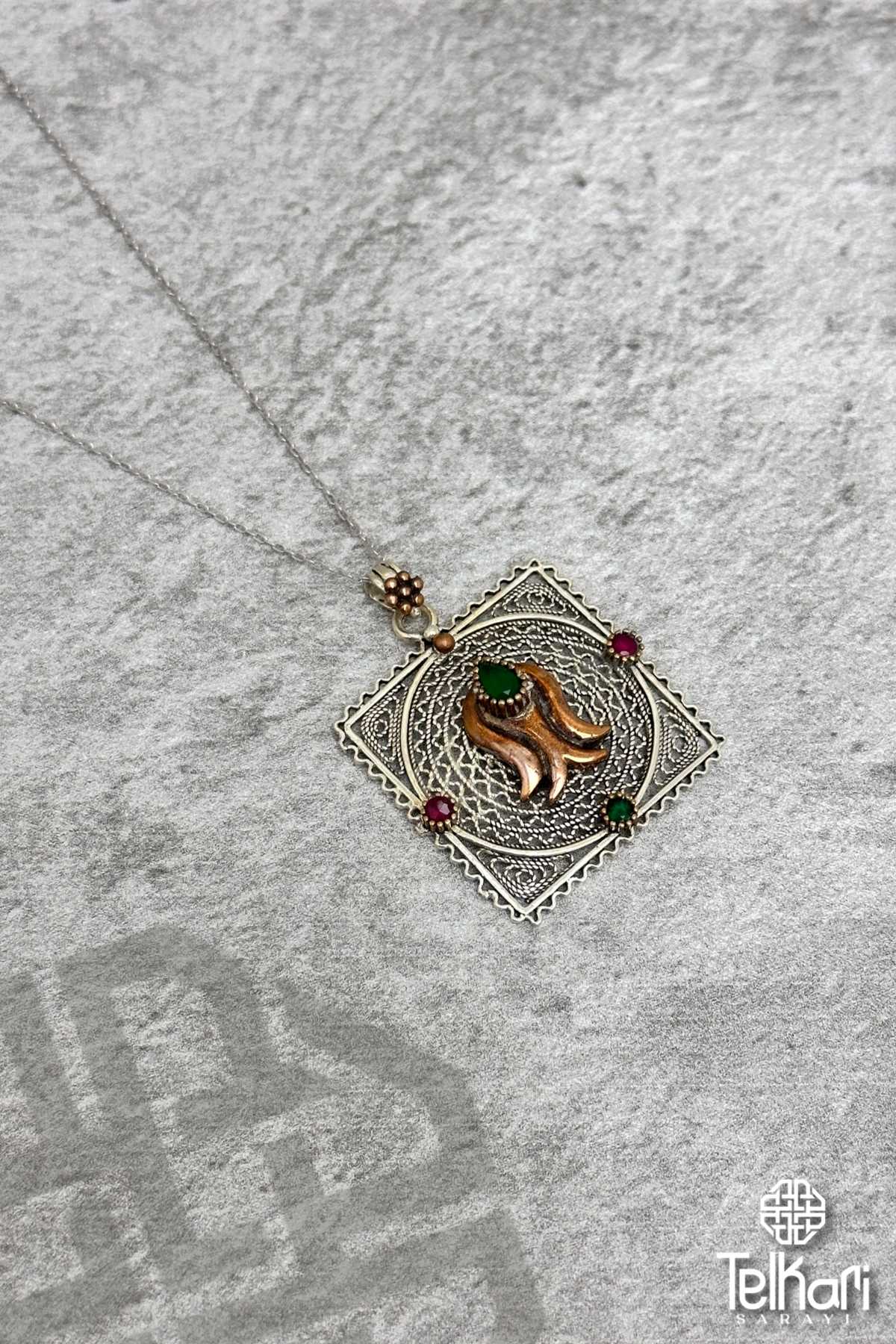 Kare Lale İşlemeli Oksitli Midyat Telkari Kolye