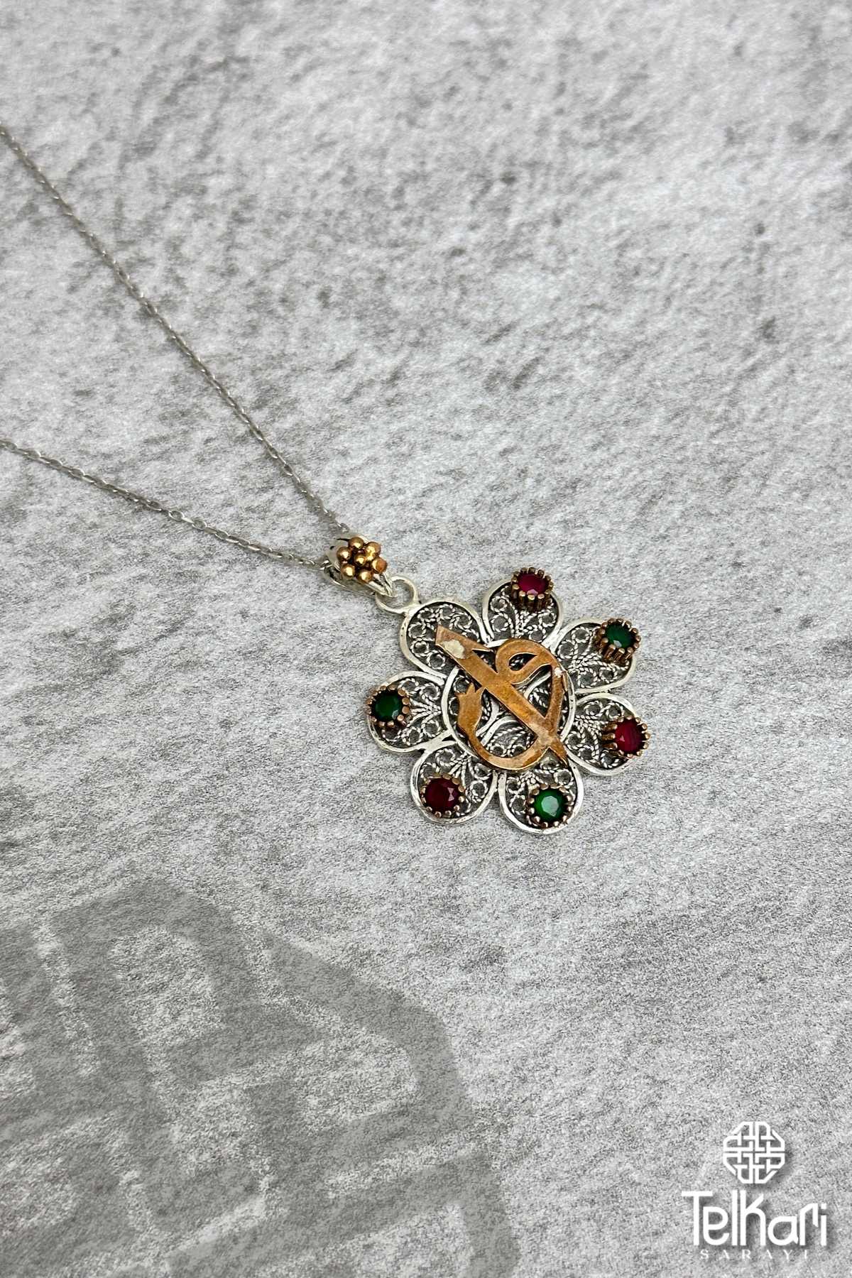 Vav Elif İşlemeli Oksitli Midyat Telkari Kolye