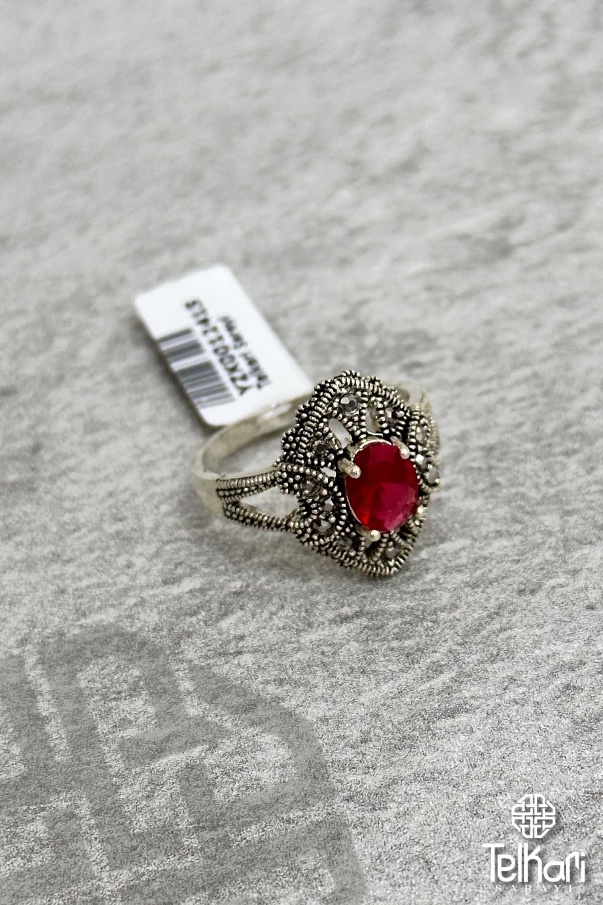 Kök Yakut Taşlı Gümüş Markazit Yüzük