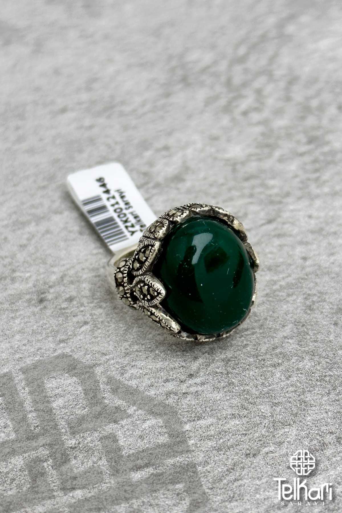 Yeşim Taşlı Gümüş Markazit Yüzük