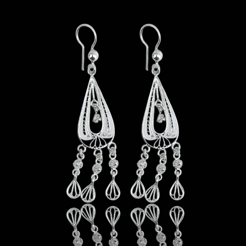 El İşlemeli Sallantılı Damla Model 925 Ayar Telkari Gümüş Küpe