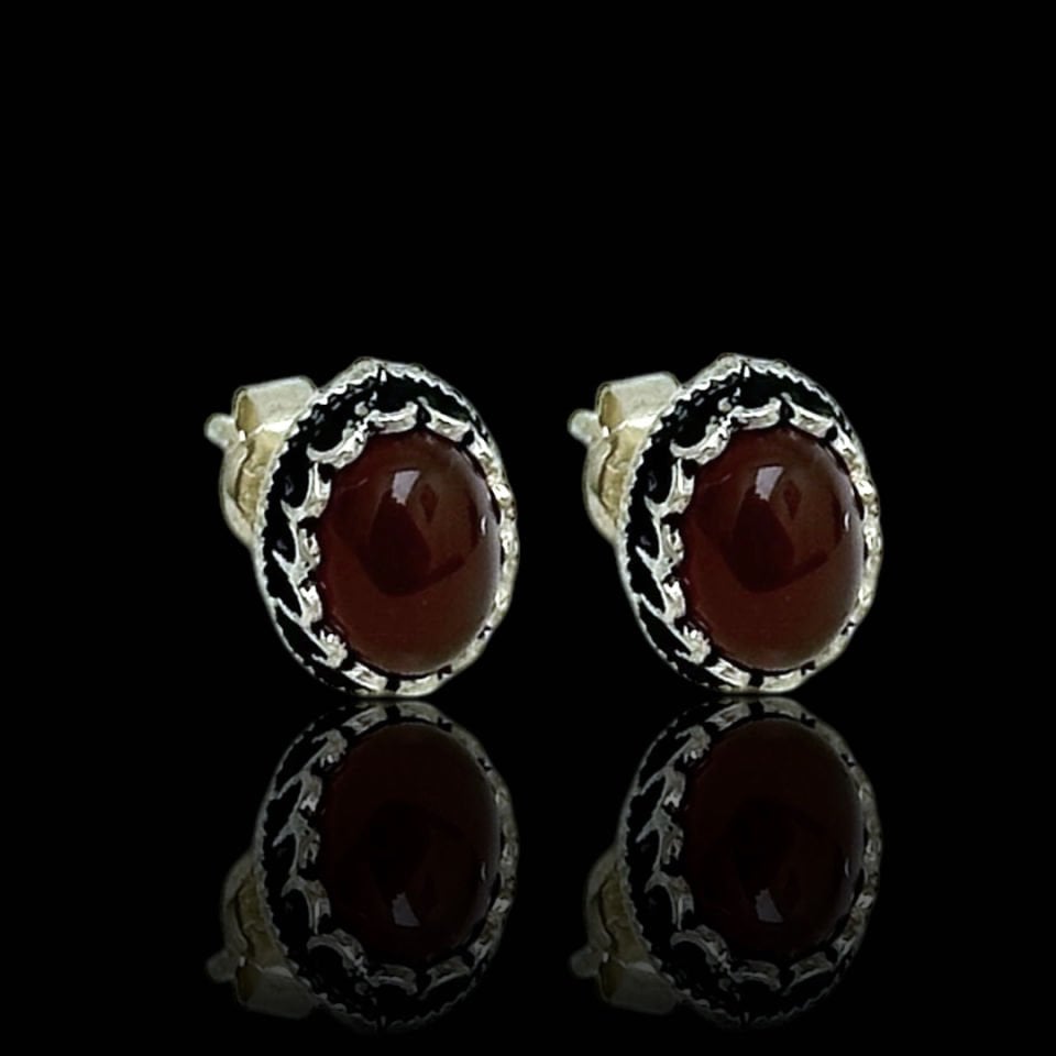 Oval Akik Taşlı Midyat Hasırı 925 Ayar Gümüş Küpe