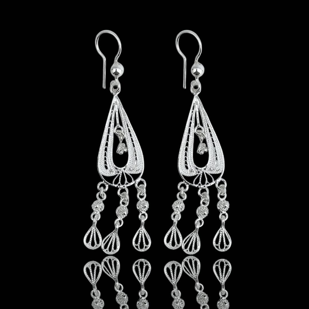 Sallantılı El İşlemeli Damla Model 925 Ayar Telkari Gümüş Küpe